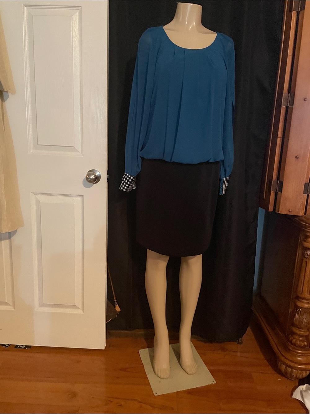 I.N. Studio Teal Blue Blouse with Black Pencil Skirt